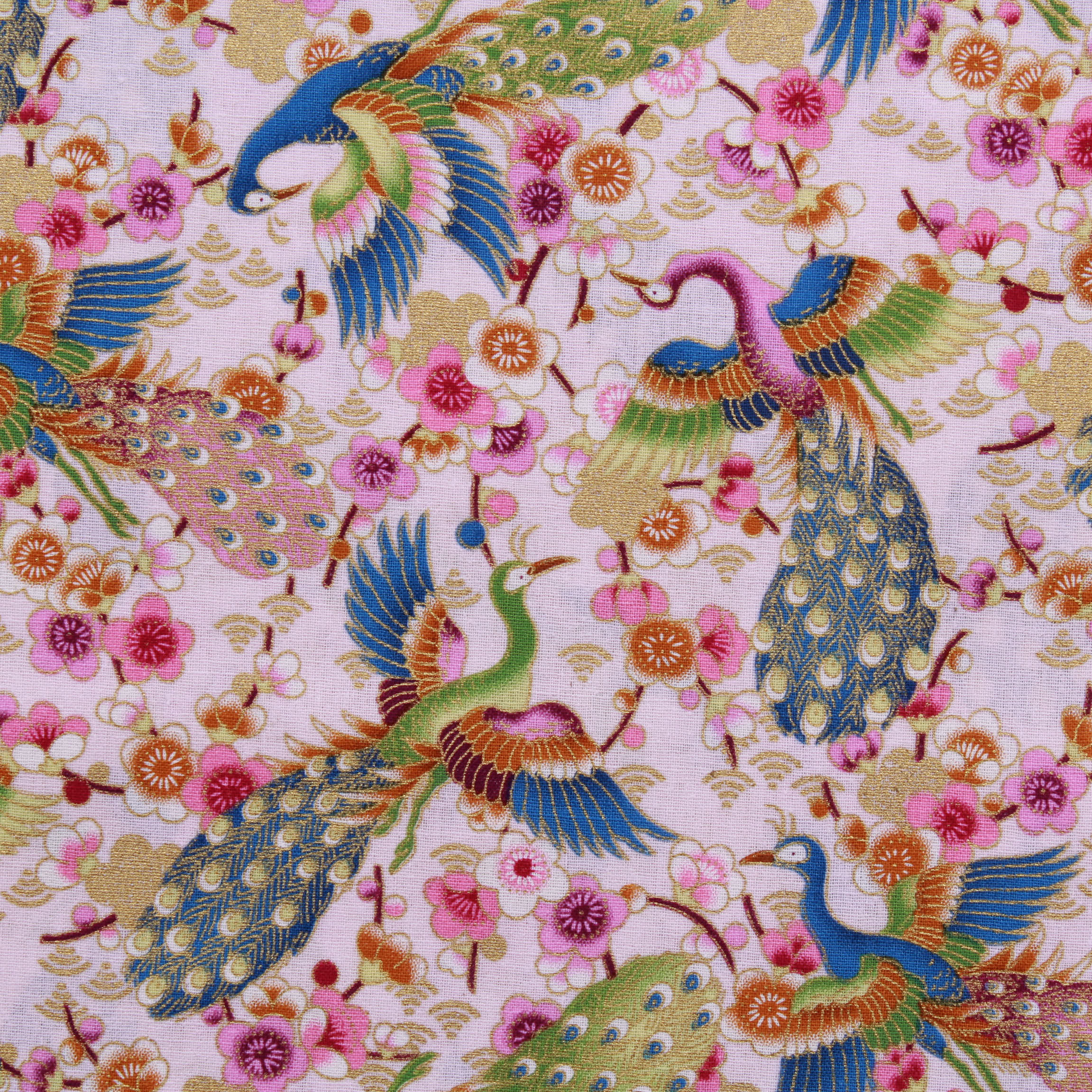 100% Premium Oriental Cotton 44" Wide 'Japanese Crane, Light Pink'