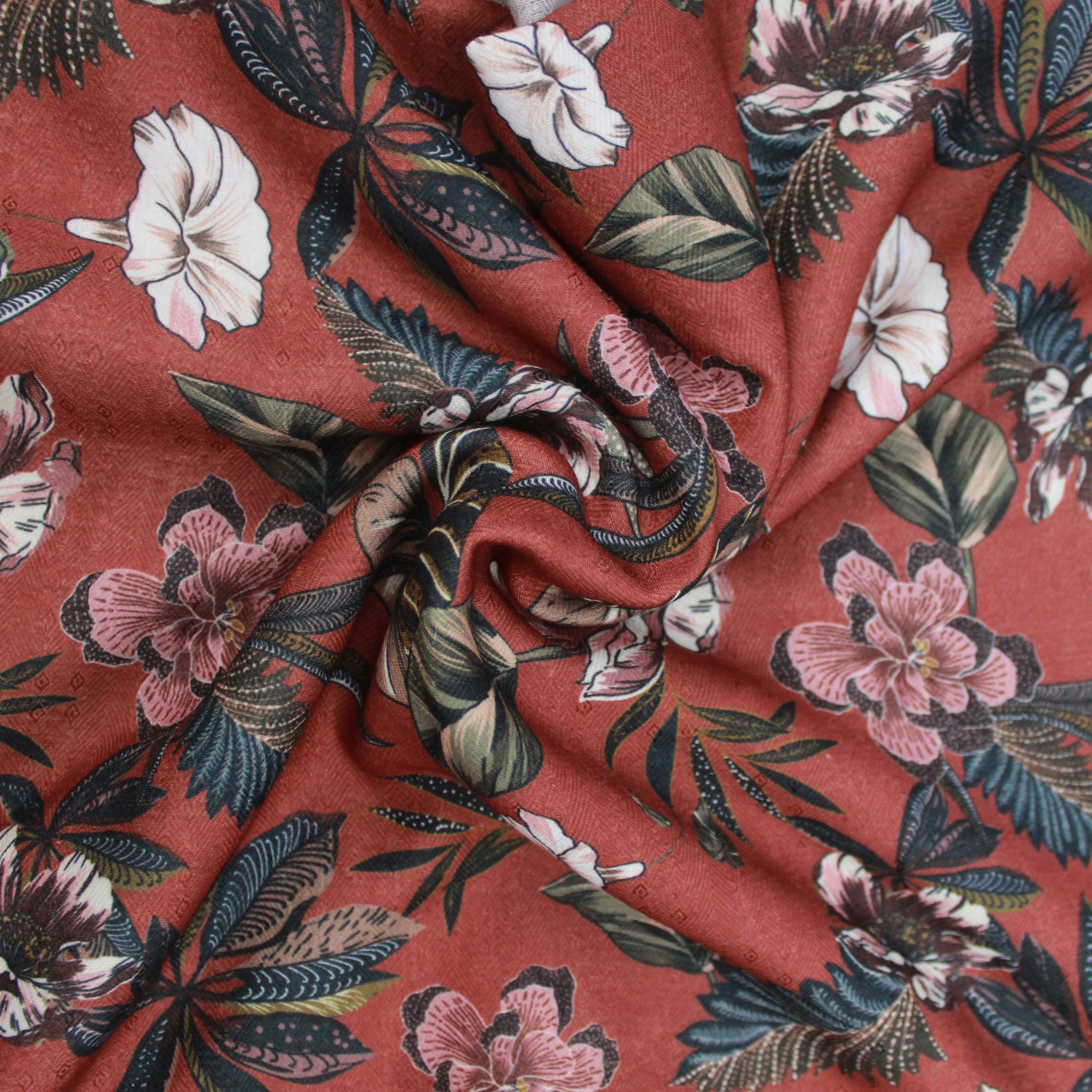 3 Metres Super Soft Printed Cashmere Effect Floral Fabric - 45" Wide Dark Terracotta