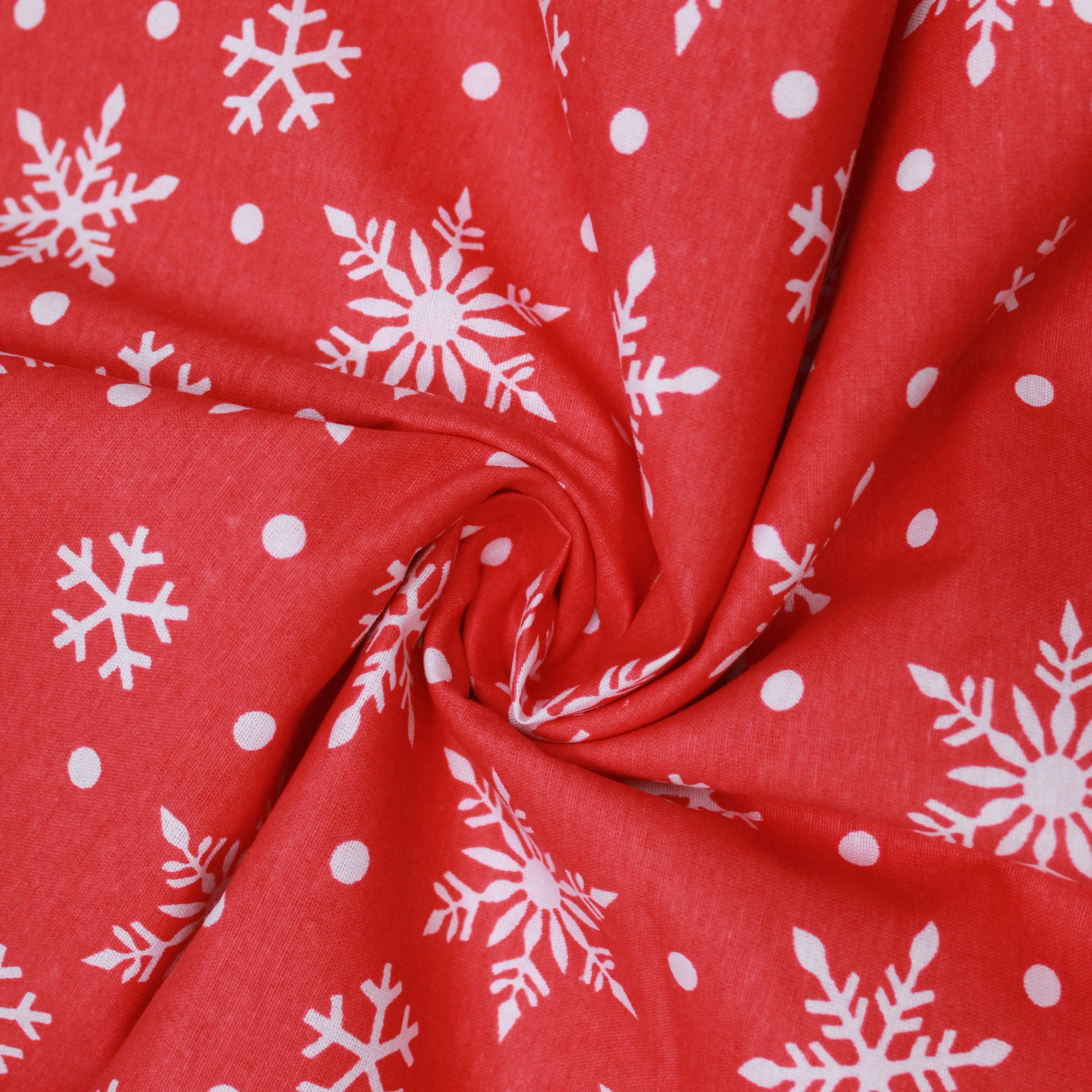 Premium Quality Super Wide Cotton Blend Sheeting "White On Red Snowflake" 94" Wide Red