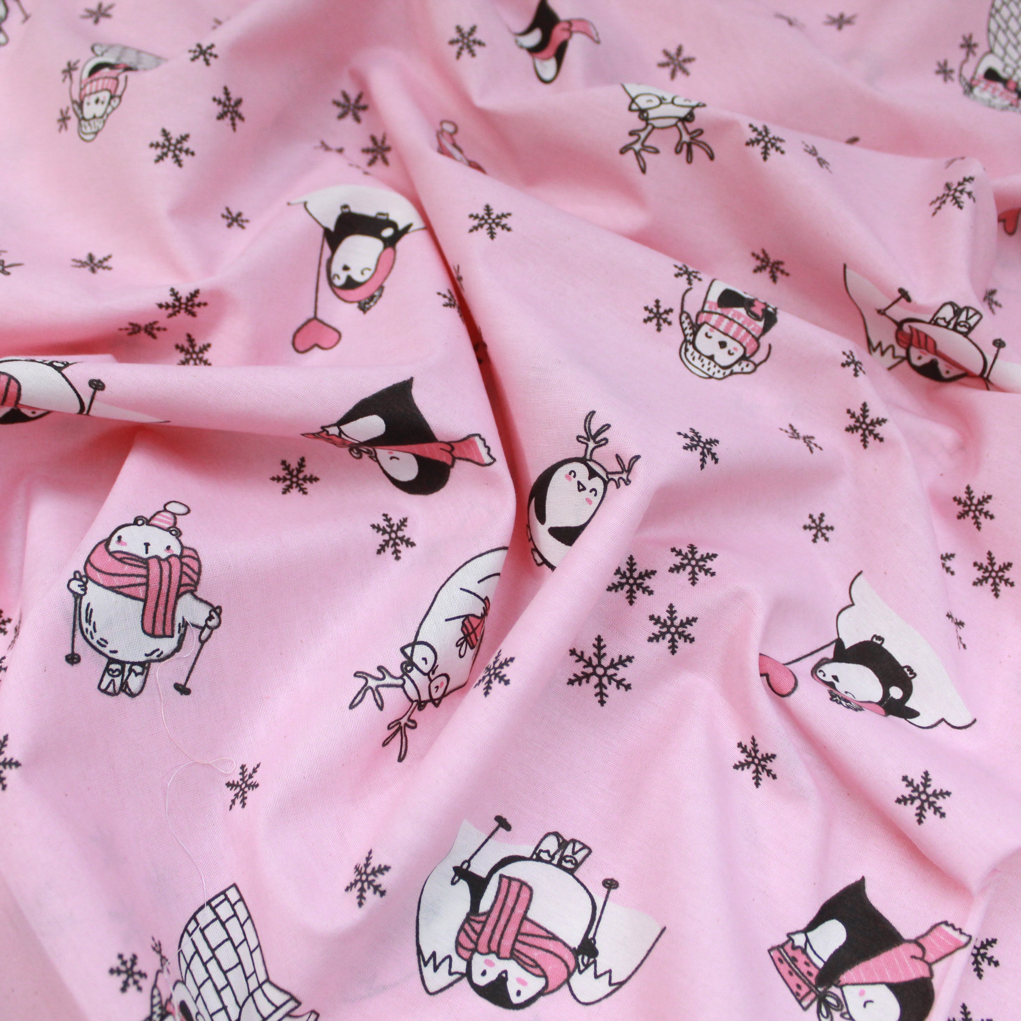 Premium Quality Super Wide Cotton Blend Sheeting "Penguins" 94" Wide Pink