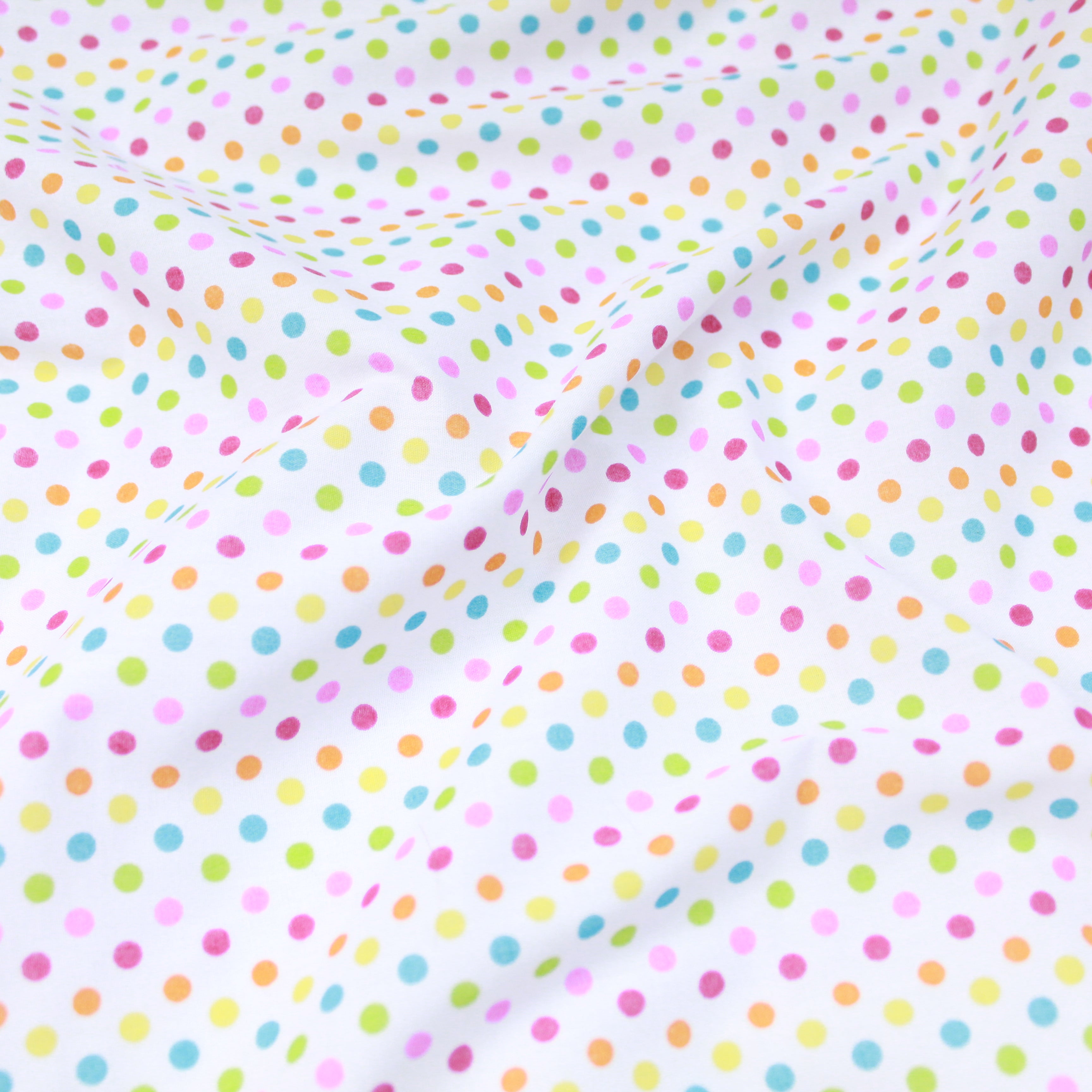 Per Metre, Top Quality Poly-Cotton "Large Rainbow Dots" 44" wide
