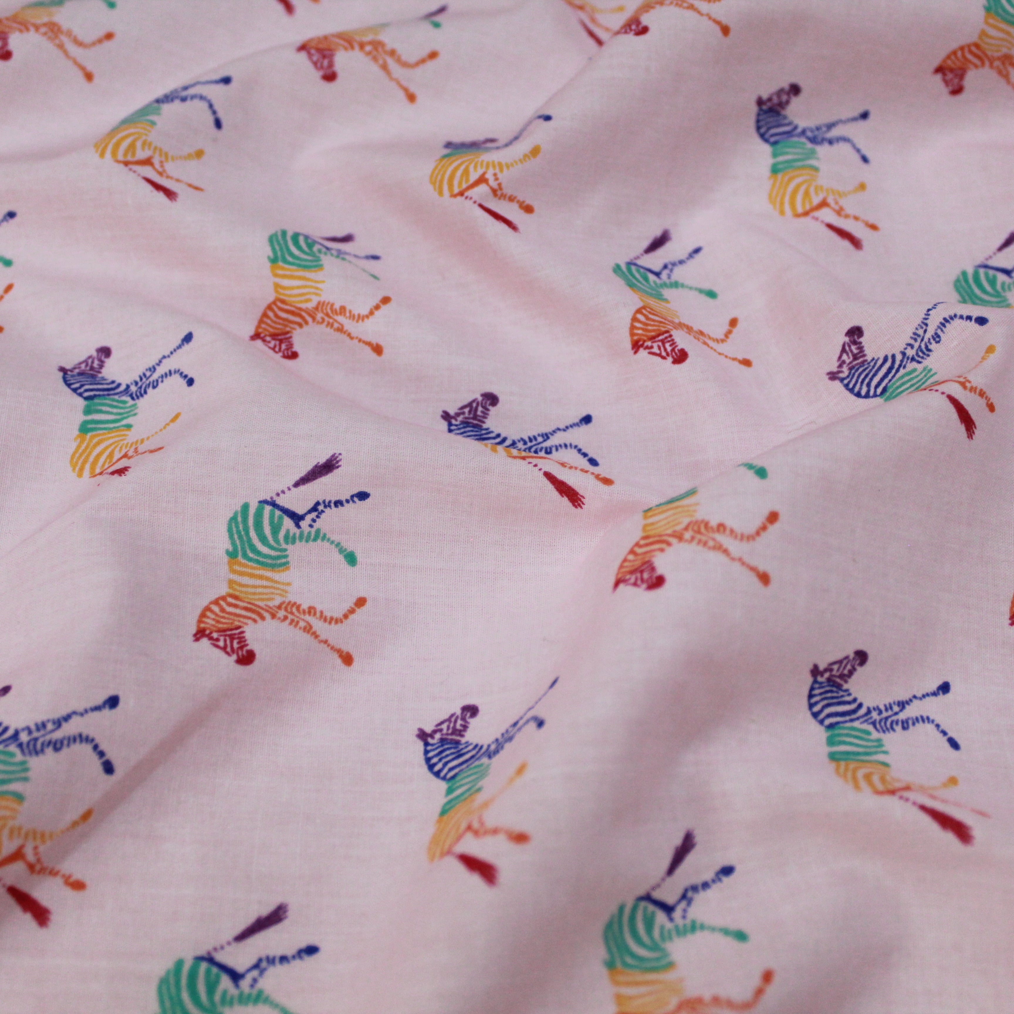 Per Metre, Top Quality Poly-Cotton "Multicoloured Zebra" 44" wide Baby Pink