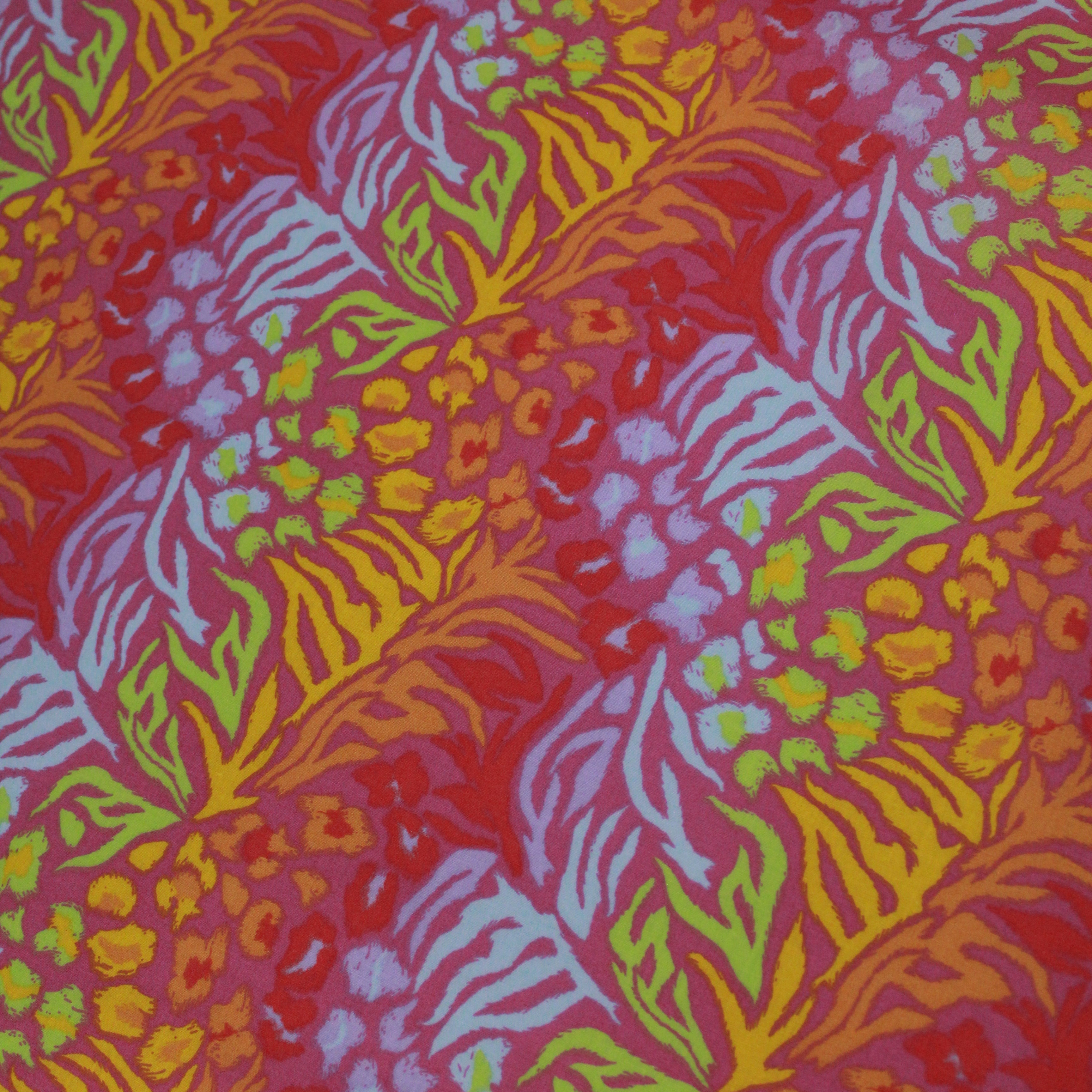 Per Metre, Top Quality Poly-Cotton "Multicoloured Forest Leaf's" 44" wide Pink