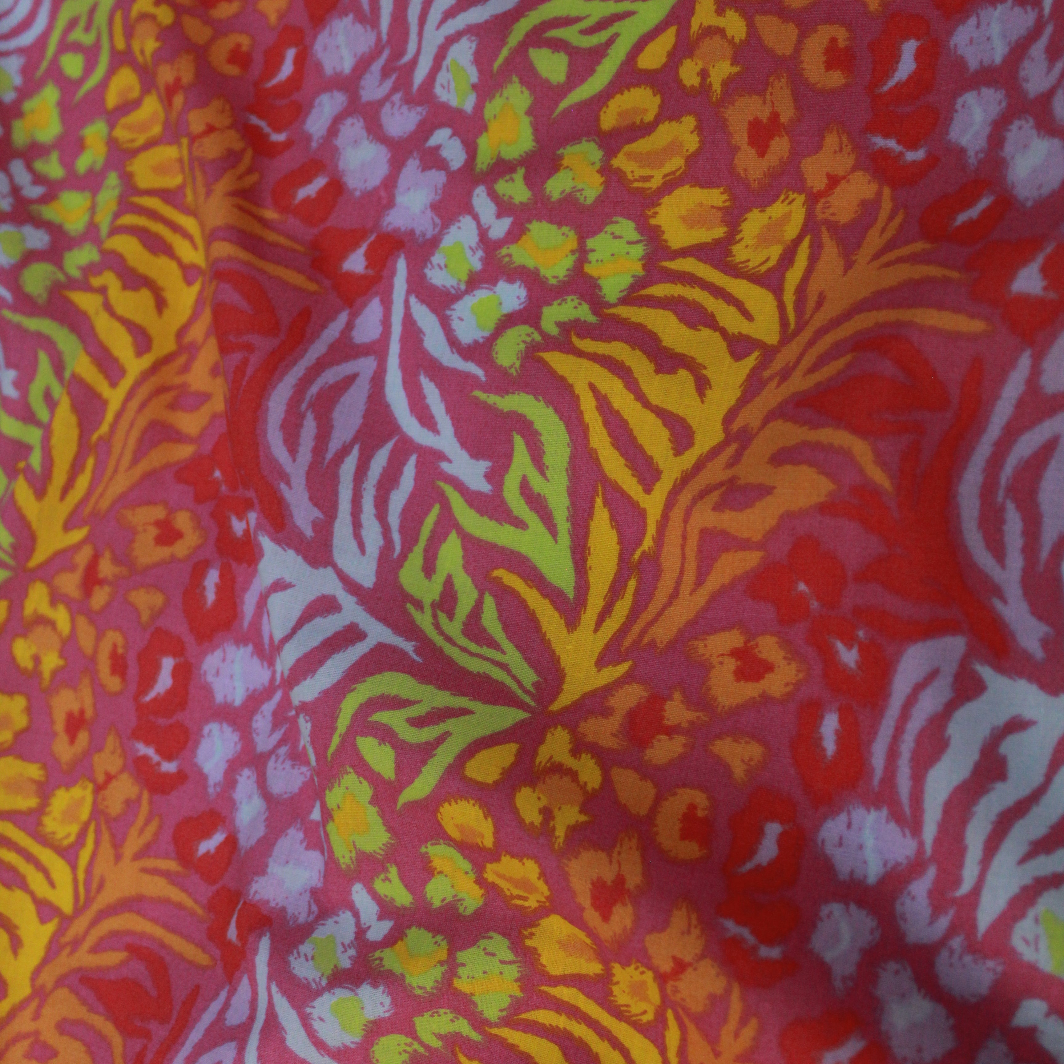Per Metre, Top Quality Poly-Cotton "Multicoloured Forest Leaf's" 44" wide Pink
