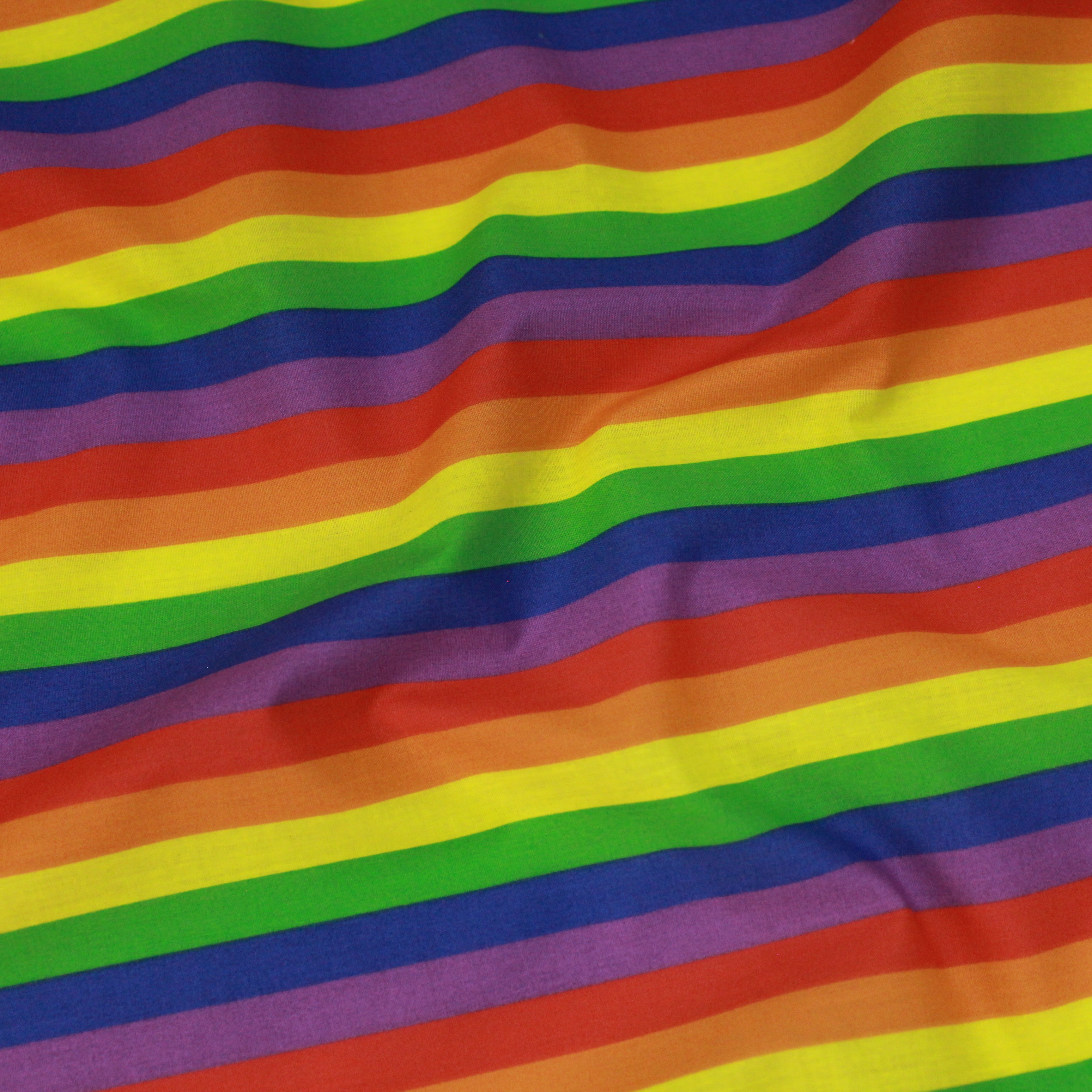 Per Metre, Top Quality Poly-Cotton "Small Rainbow Stripes" 44" wide