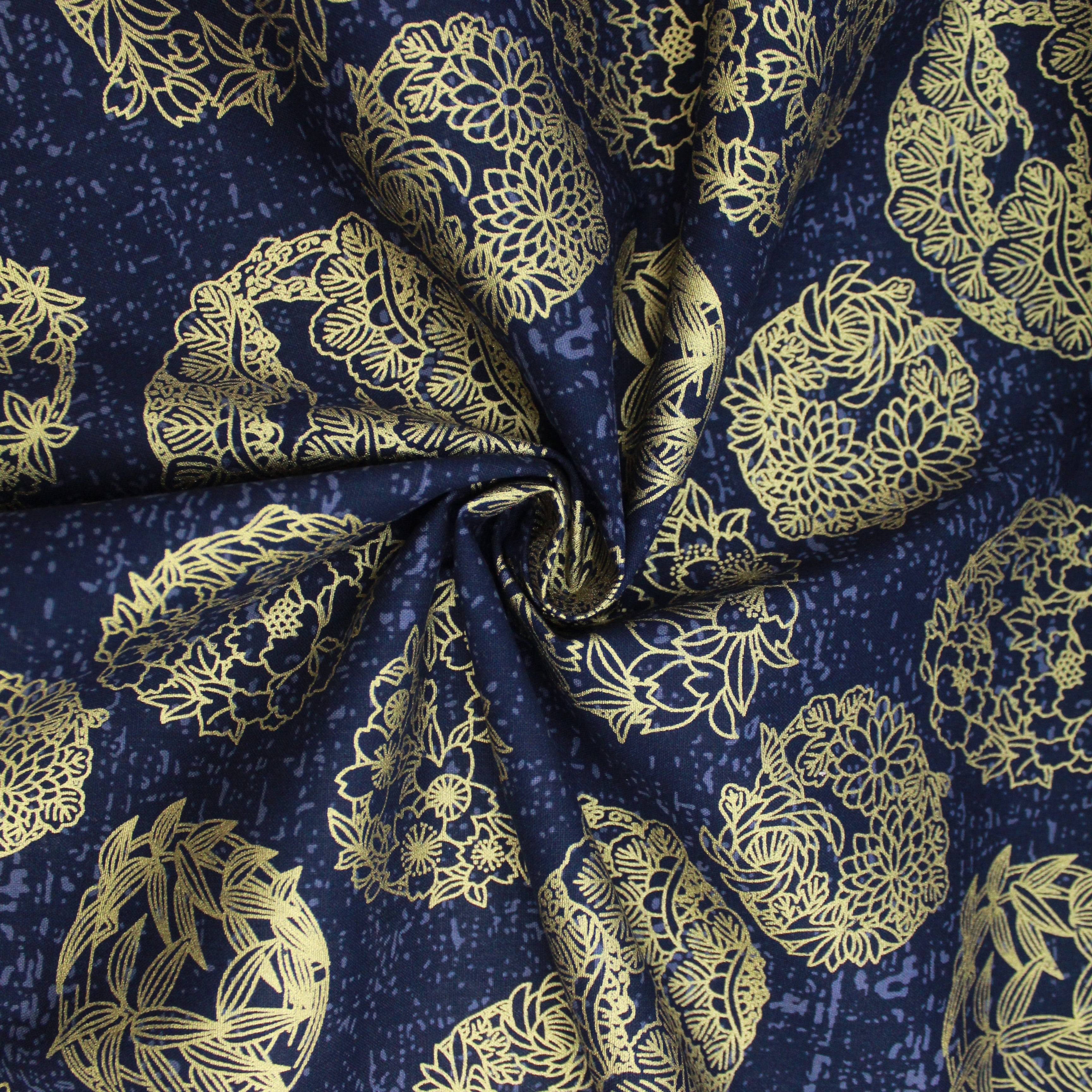 100% Premium Oriental Cotton 44" Wide 'Gold Foiled Navy Print'