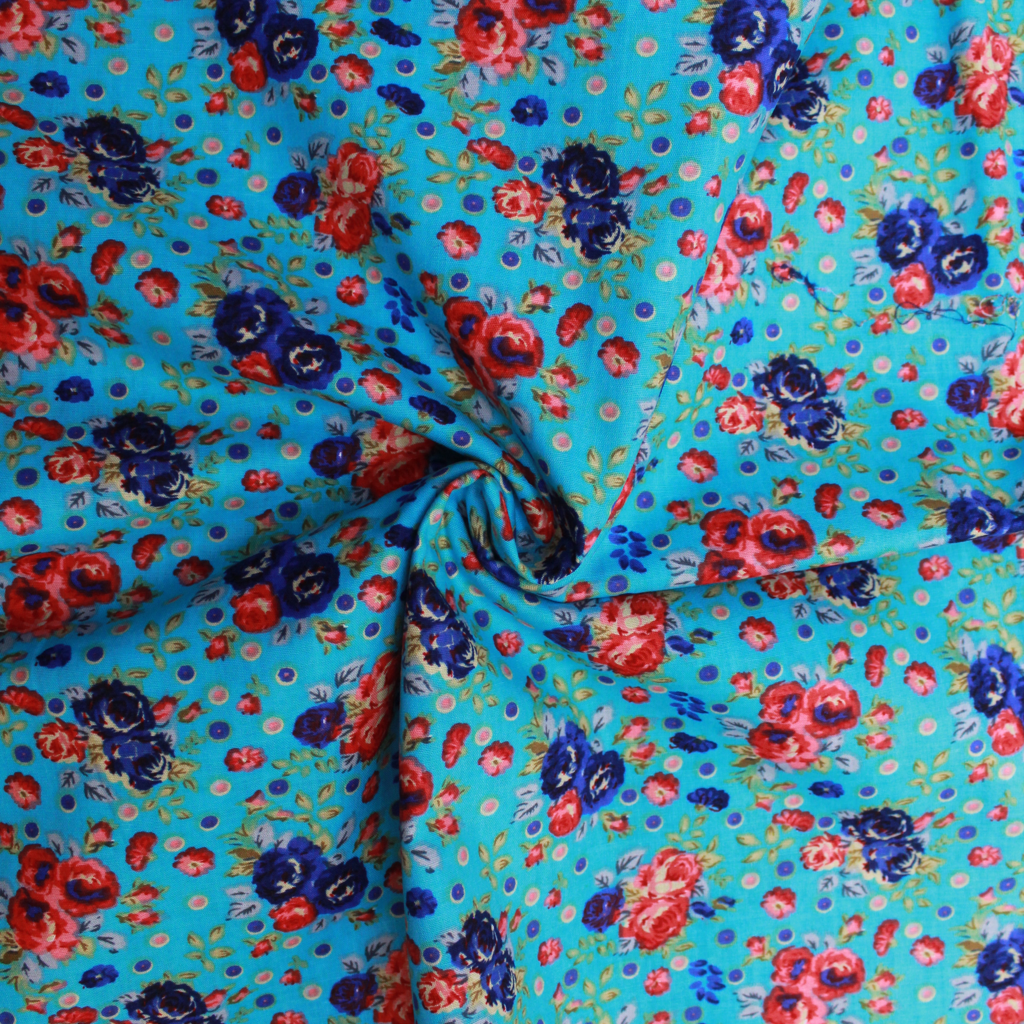 3 Metres Premium 100% Cotton 'Darpan Print - Bright Bouquet -  Blue'