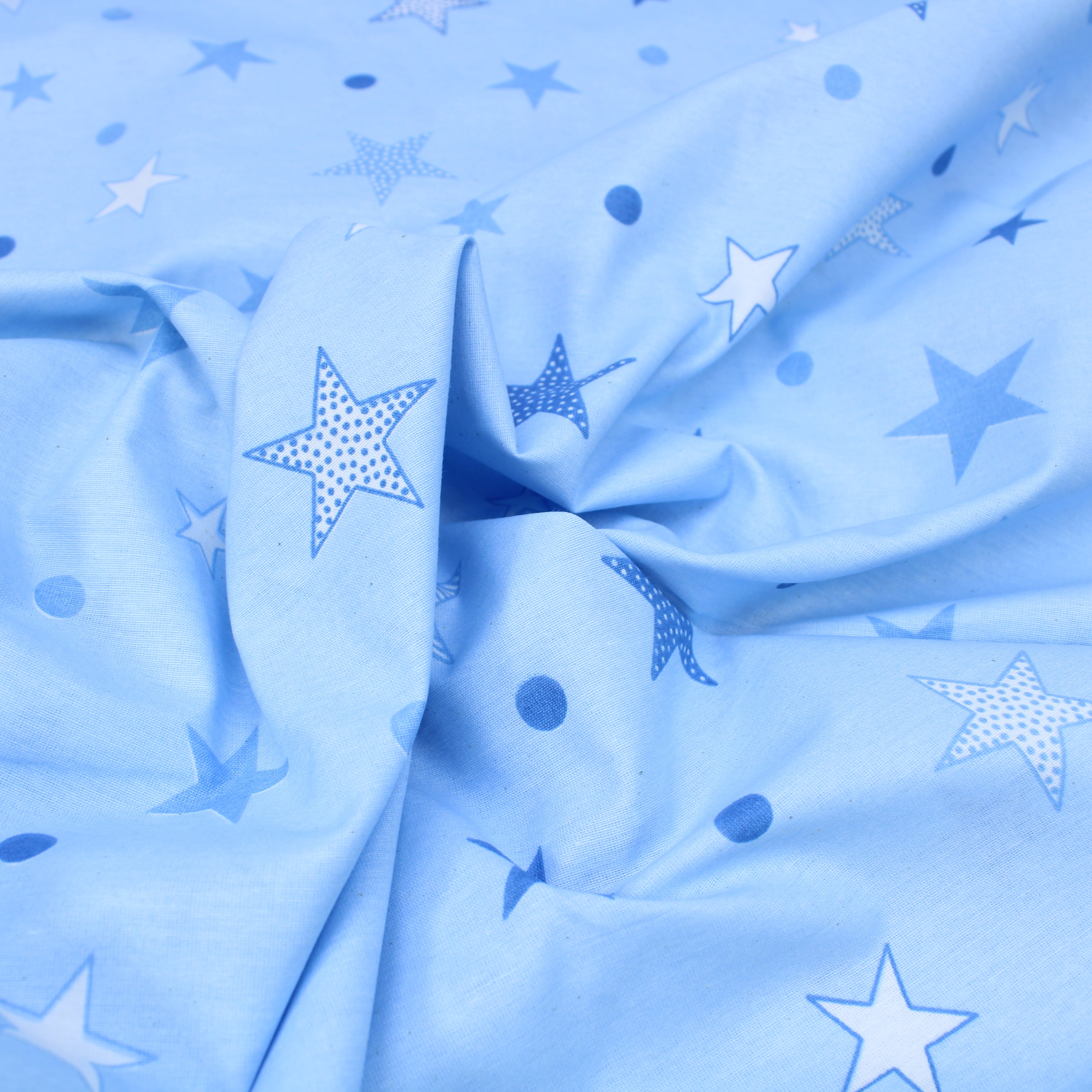 Premium Quality Super Wide Cotton Blend Sheeting, 'Blue Stars & Polka Dots', 94" Wide - Blue